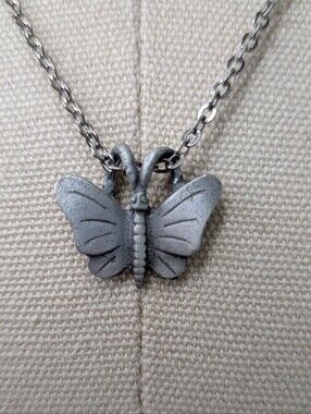 Vintage Matte Silver Pewter Finish Butterfly Pendant Cable Chain Necklace Y2K